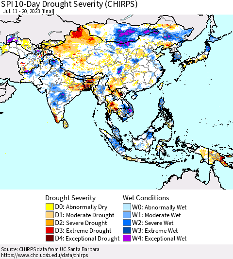Asia SPI 10-Day Drought Severity (CHIRPS) Thematic Map For 7/11/2023 - 7/20/2023