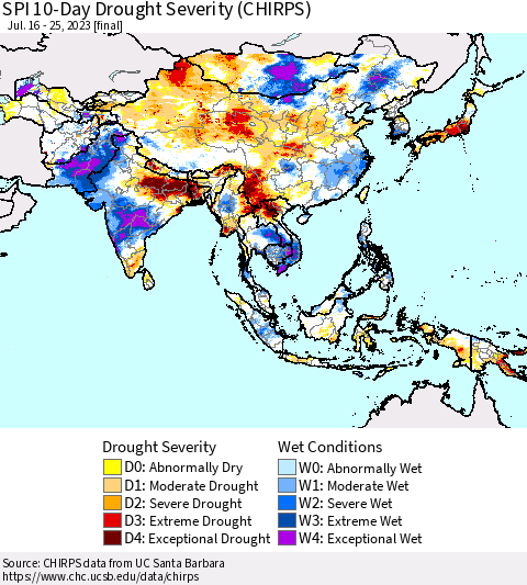 Asia SPI 10-Day Drought Severity (CHIRPS) Thematic Map For 7/16/2023 - 7/25/2023