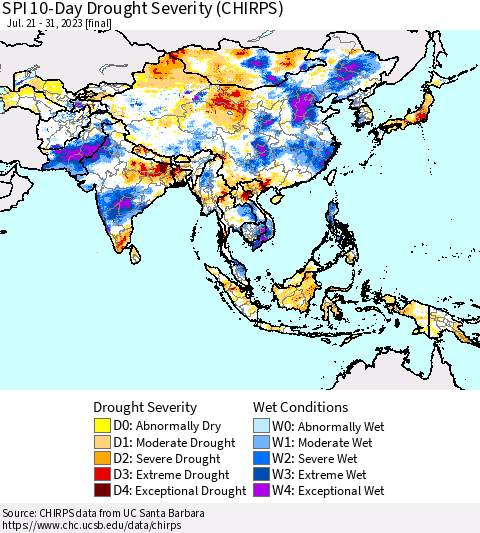 Asia SPI 10-Day Drought Severity (CHIRPS) Thematic Map For 7/21/2023 - 7/31/2023