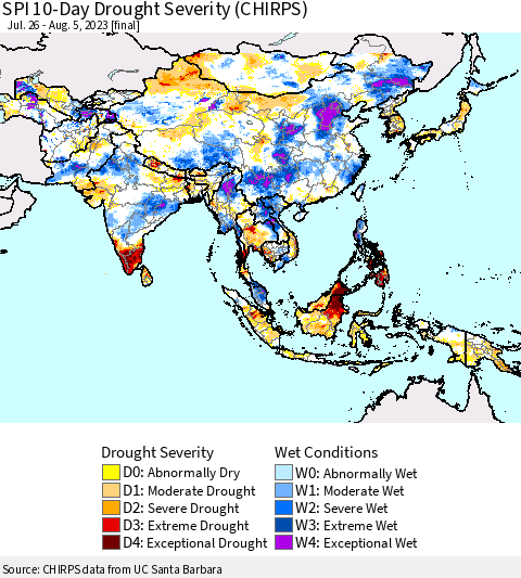 Asia SPI 10-Day Drought Severity (CHIRPS) Thematic Map For 7/26/2023 - 8/5/2023