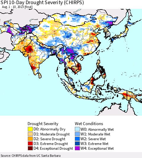 Asia SPI 10-Day Drought Severity (CHIRPS) Thematic Map For 8/1/2023 - 8/10/2023