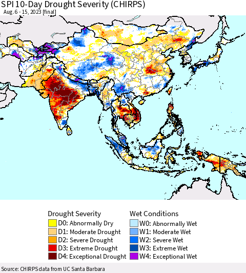 Asia SPI 10-Day Drought Severity (CHIRPS) Thematic Map For 8/6/2023 - 8/15/2023