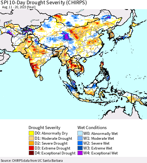 Asia SPI 10-Day Drought Severity (CHIRPS) Thematic Map For 8/11/2023 - 8/20/2023