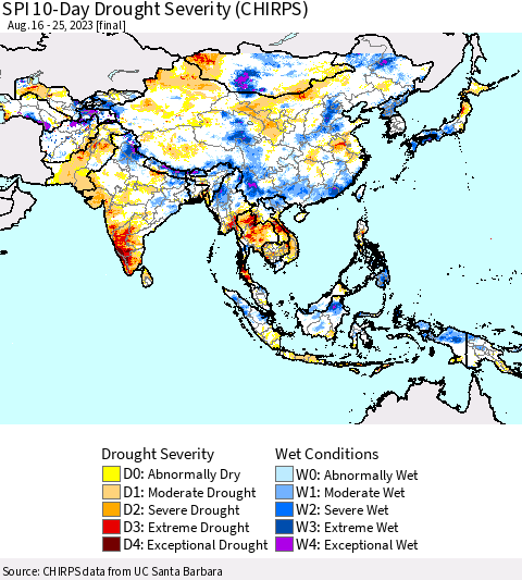 Asia SPI 10-Day Drought Severity (CHIRPS) Thematic Map For 8/16/2023 - 8/25/2023