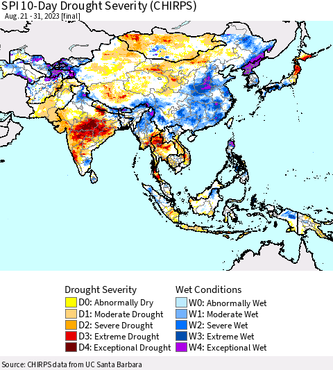 Asia SPI 10-Day Drought Severity (CHIRPS) Thematic Map For 8/21/2023 - 8/31/2023