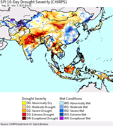 Asia SPI 10-Day Drought Severity (CHIRPS) Thematic Map For 8/26/2023 - 9/5/2023