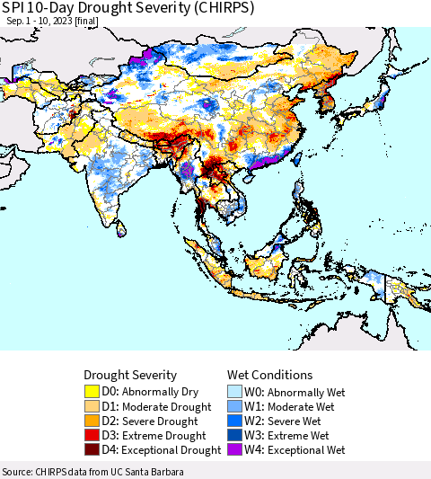 Asia SPI 10-Day Drought Severity (CHIRPS) Thematic Map For 9/1/2023 - 9/10/2023