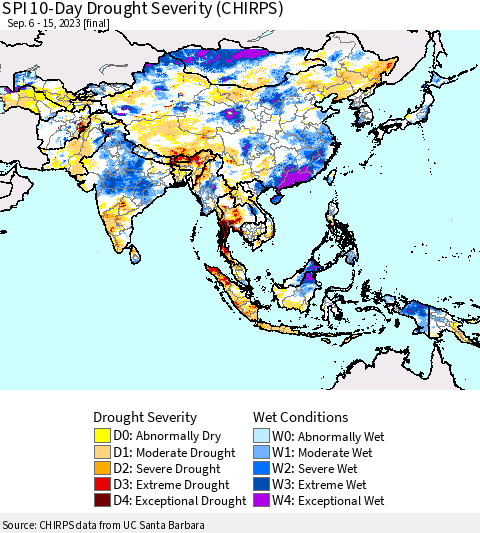 Asia SPI 10-Day Drought Severity (CHIRPS) Thematic Map For 9/6/2023 - 9/15/2023