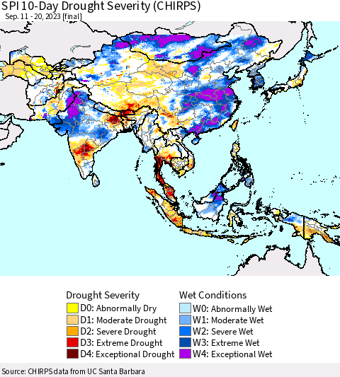 Asia SPI 10-Day Drought Severity (CHIRPS) Thematic Map For 9/11/2023 - 9/20/2023
