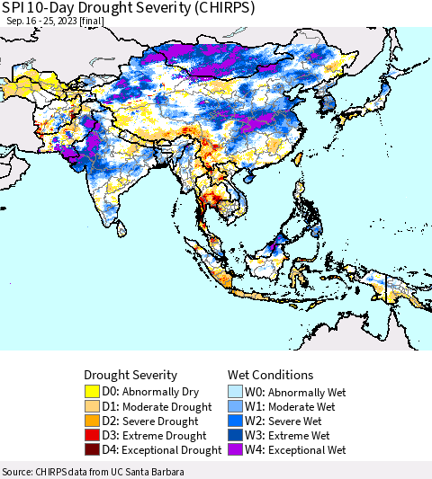 Asia SPI 10-Day Drought Severity (CHIRPS) Thematic Map For 9/16/2023 - 9/25/2023