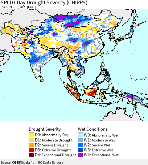 Asia SPI 10-Day Drought Severity (CHIRPS) Thematic Map For 9/21/2023 - 9/30/2023