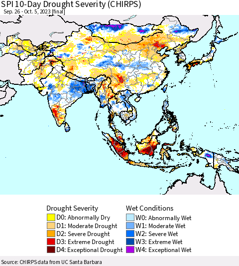 Asia SPI 10-Day Drought Severity (CHIRPS) Thematic Map For 9/26/2023 - 10/5/2023