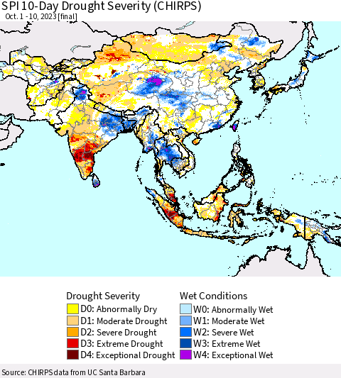 Asia SPI 10-Day Drought Severity (CHIRPS) Thematic Map For 10/1/2023 - 10/10/2023