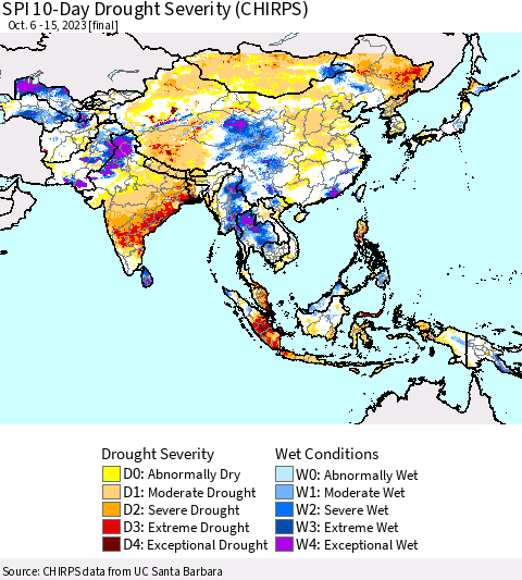 Asia SPI 10-Day Drought Severity (CHIRPS) Thematic Map For 10/6/2023 - 10/15/2023