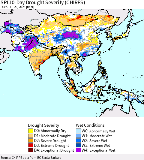 Asia SPI 10-Day Drought Severity (CHIRPS) Thematic Map For 10/11/2023 - 10/20/2023