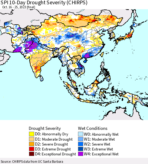 Asia SPI 10-Day Drought Severity (CHIRPS) Thematic Map For 10/16/2023 - 10/25/2023