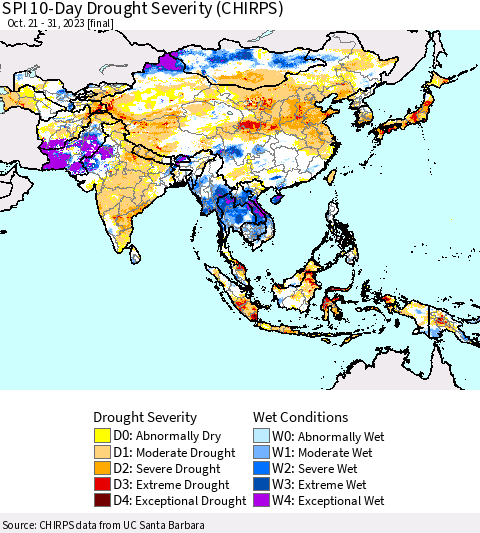 Asia SPI 10-Day Drought Severity (CHIRPS) Thematic Map For 10/21/2023 - 10/31/2023