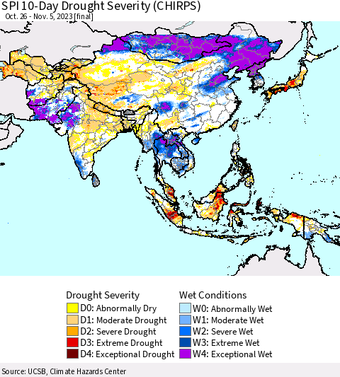 Asia SPI 10-Day Drought Severity (CHIRPS) Thematic Map For 10/26/2023 - 11/5/2023