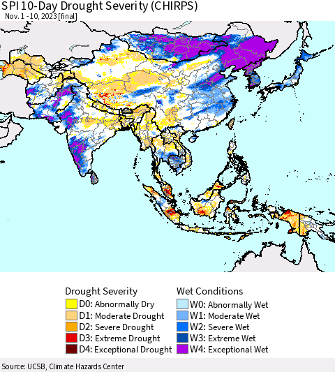 Asia SPI 10-Day Drought Severity (CHIRPS) Thematic Map For 11/1/2023 - 11/10/2023