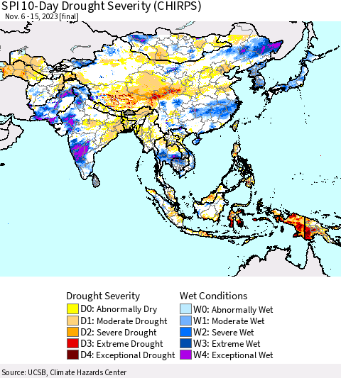 Asia SPI 10-Day Drought Severity (CHIRPS) Thematic Map For 11/6/2023 - 11/15/2023