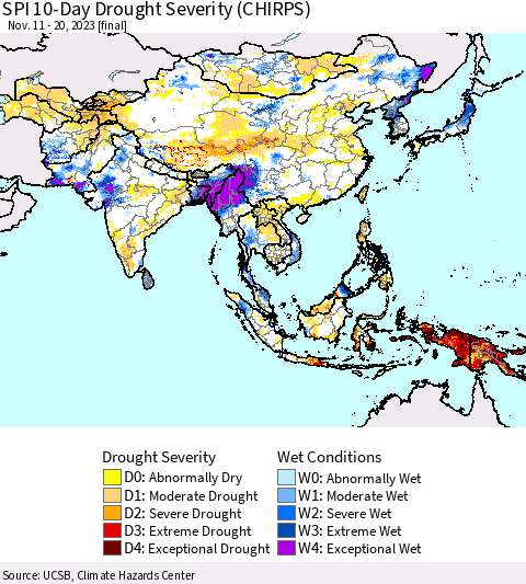 Asia SPI 10-Day Drought Severity (CHIRPS) Thematic Map For 11/11/2023 - 11/20/2023