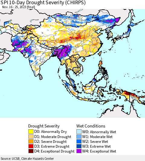 Asia SPI 10-Day Drought Severity (CHIRPS) Thematic Map For 11/16/2023 - 11/25/2023