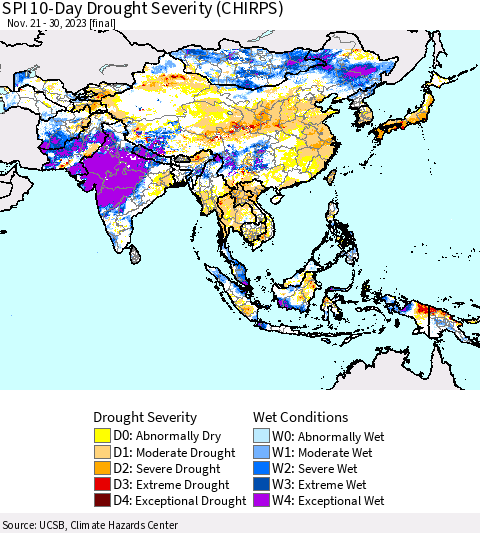 Asia SPI 10-Day Drought Severity (CHIRPS) Thematic Map For 11/21/2023 - 11/30/2023