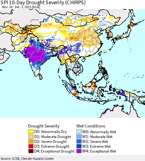 Asia SPI 10-Day Drought Severity (CHIRPS) Thematic Map For 11/26/2023 - 12/5/2023