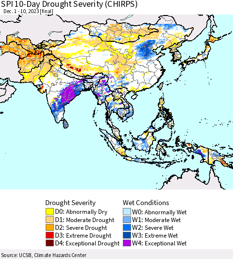 Asia SPI 10-Day Drought Severity (CHIRPS) Thematic Map For 12/1/2023 - 12/10/2023