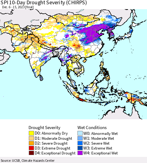 Asia SPI 10-Day Drought Severity (CHIRPS) Thematic Map For 12/6/2023 - 12/15/2023