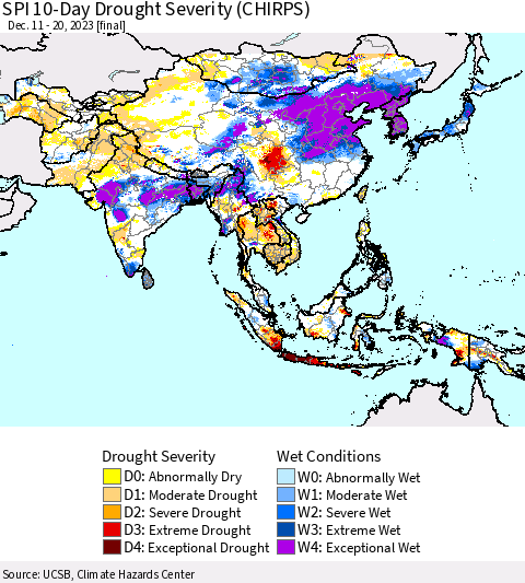 Asia SPI 10-Day Drought Severity (CHIRPS) Thematic Map For 12/11/2023 - 12/20/2023