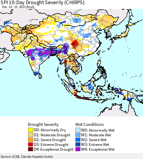Asia SPI 10-Day Drought Severity (CHIRPS) Thematic Map For 12/16/2023 - 12/25/2023