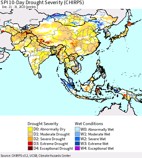 Asia SPI 10-Day Drought Severity (CHIRPS) Thematic Map For 12/21/2023 - 12/31/2023