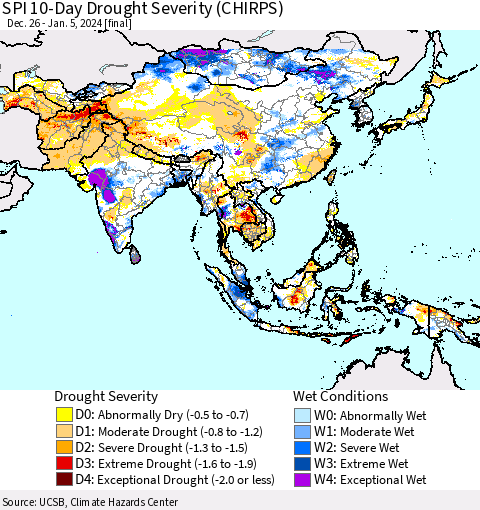 Asia SPI 10-Day Drought Severity (CHIRPS) Thematic Map For 12/26/2023 - 1/5/2024