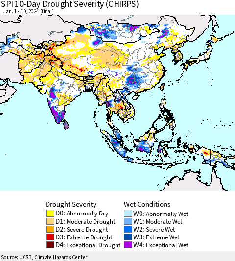 Asia SPI 10-Day Drought Severity (CHIRPS) Thematic Map For 1/1/2024 - 1/10/2024