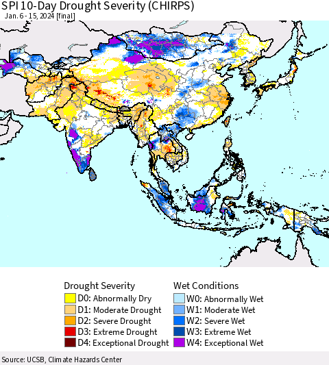 Asia SPI 10-Day Drought Severity (CHIRPS) Thematic Map For 1/6/2024 - 1/15/2024