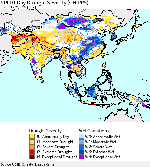 Asia SPI 10-Day Drought Severity (CHIRPS) Thematic Map For 1/11/2024 - 1/20/2024