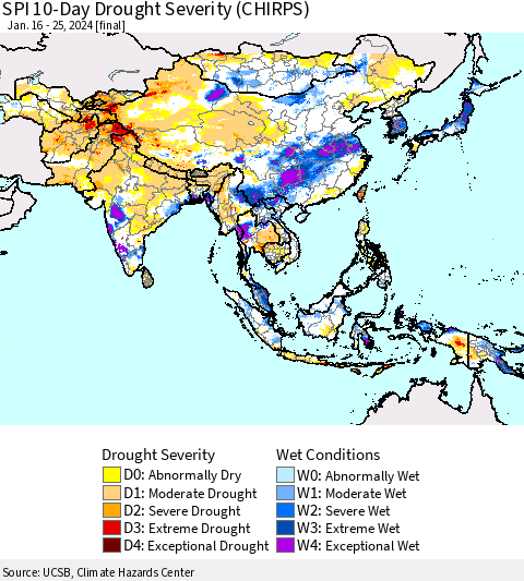 Asia SPI 10-Day Drought Severity (CHIRPS) Thematic Map For 1/16/2024 - 1/25/2024