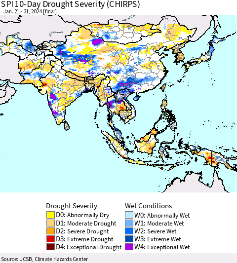 Asia SPI 10-Day Drought Severity (CHIRPS) Thematic Map For 1/21/2024 - 1/31/2024