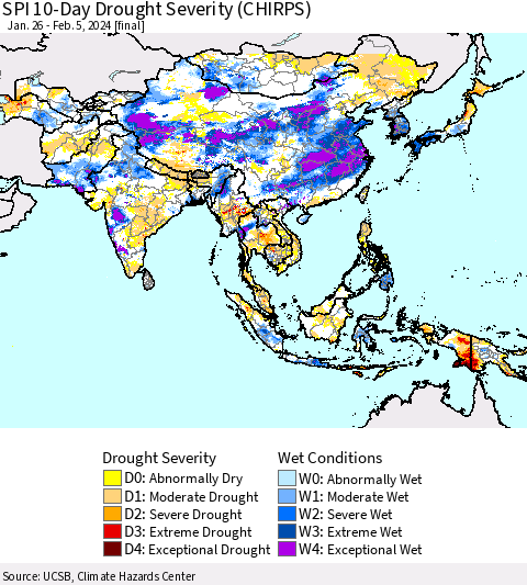 Asia SPI 10-Day Drought Severity (CHIRPS) Thematic Map For 1/26/2024 - 2/5/2024
