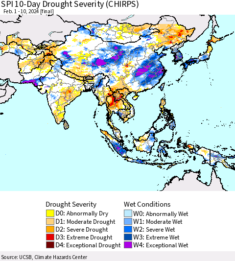 Asia SPI 10-Day Drought Severity (CHIRPS) Thematic Map For 2/1/2024 - 2/10/2024
