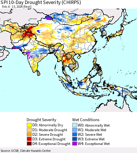 Asia SPI 10-Day Drought Severity (CHIRPS) Thematic Map For 2/6/2024 - 2/15/2024