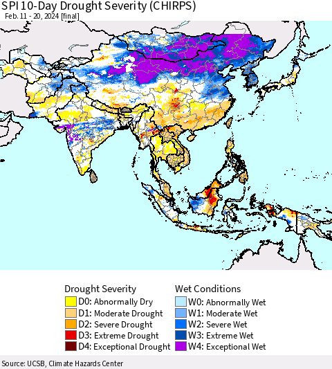 Asia SPI 10-Day Drought Severity (CHIRPS) Thematic Map For 2/11/2024 - 2/20/2024