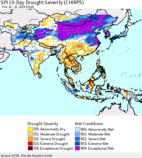 Asia SPI 10-Day Drought Severity (CHIRPS) Thematic Map For 2/16/2024 - 2/25/2024