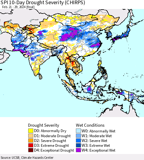 Asia SPI 10-Day Drought Severity (CHIRPS) Thematic Map For 2/21/2024 - 2/29/2024