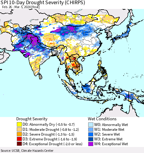 Asia SPI 10-Day Drought Severity (CHIRPS) Thematic Map For 2/26/2024 - 3/5/2024