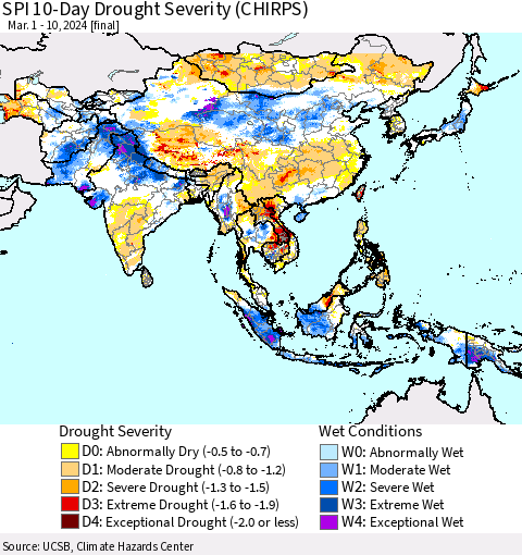 Asia SPI 10-Day Drought Severity (CHIRPS) Thematic Map For 3/1/2024 - 3/10/2024