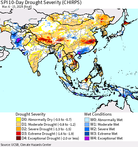 Asia SPI 10-Day Drought Severity (CHIRPS) Thematic Map For 3/6/2024 - 3/15/2024