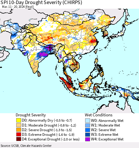 Asia SPI 10-Day Drought Severity (CHIRPS) Thematic Map For 3/11/2024 - 3/20/2024