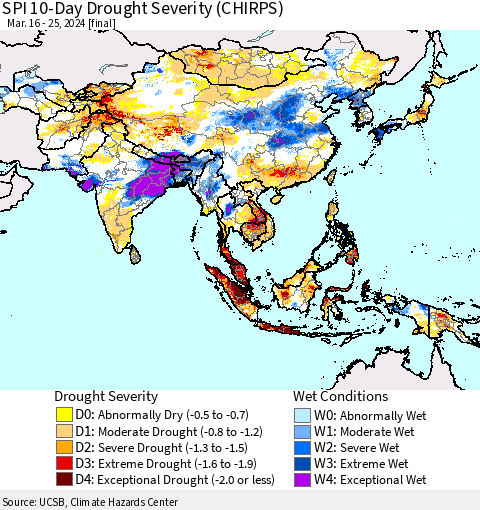 Asia SPI 10-Day Drought Severity (CHIRPS) Thematic Map For 3/16/2024 - 3/25/2024